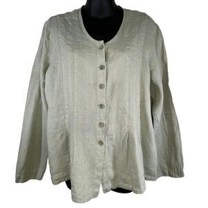 FLAX Womens Linen‎ Button Up Long Sleeve Pleated V Neck Lagenlook Top Size Small